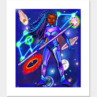Black anime super hero girl from outer space Afro hair braids black girl African American woman Posters and Art